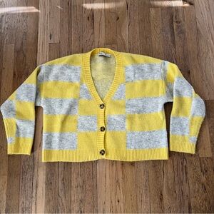Zara Yellow and Gray Checkered Cardigan, Size Medium